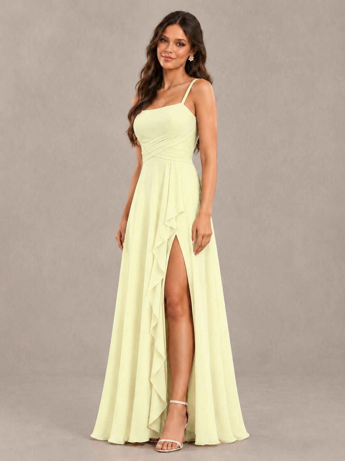 BOLODOO Light Yellow Spaghetti Strap Ruffle Bridesmaid Dress with Slit - Light Yellow - Light Yellow (3)