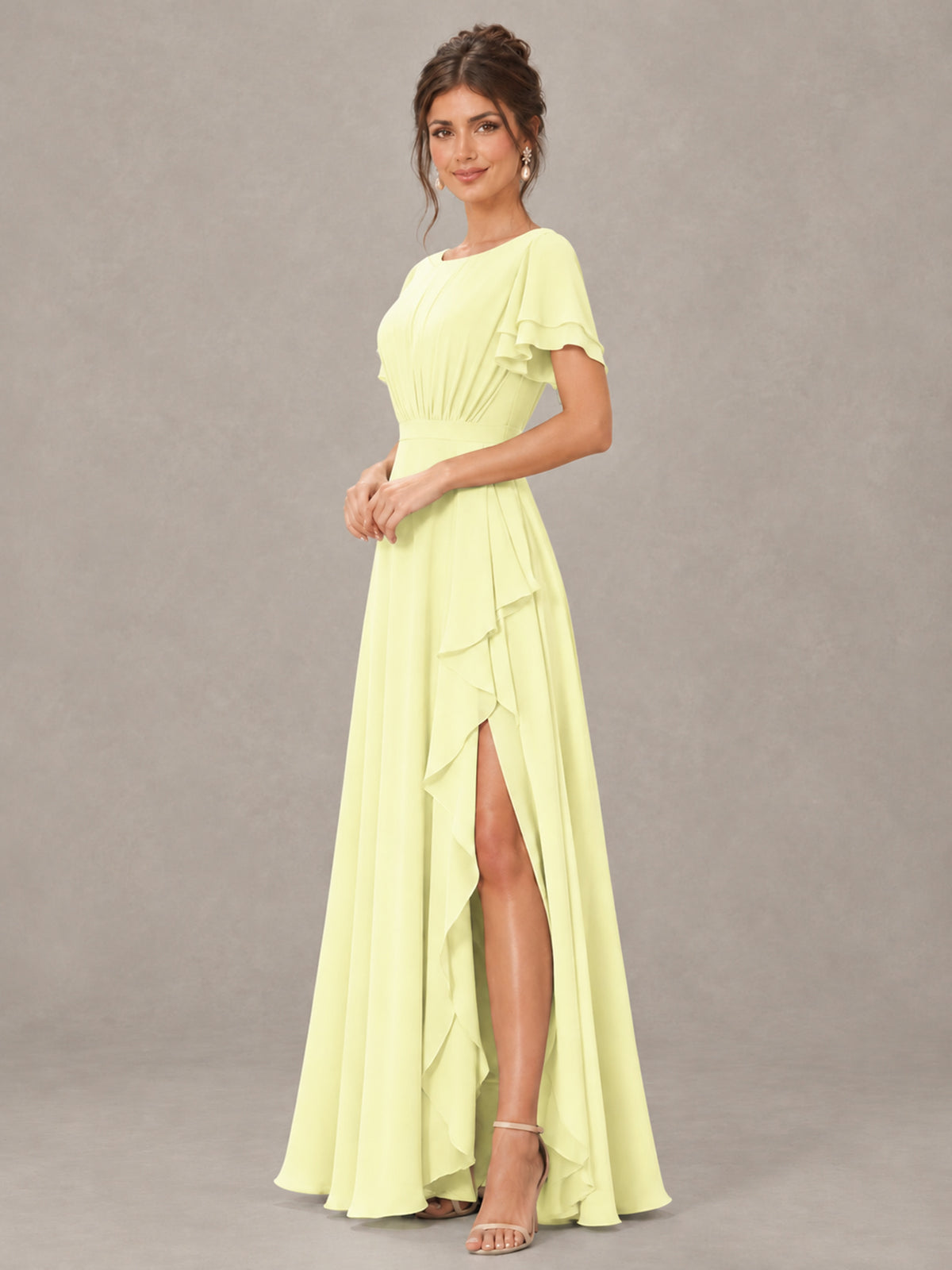 BOLODOO Light Yellow Flutter Sleeve Ruffle Bridesmaid Dress with Slit - Light Yellow - Light Yellow (3)