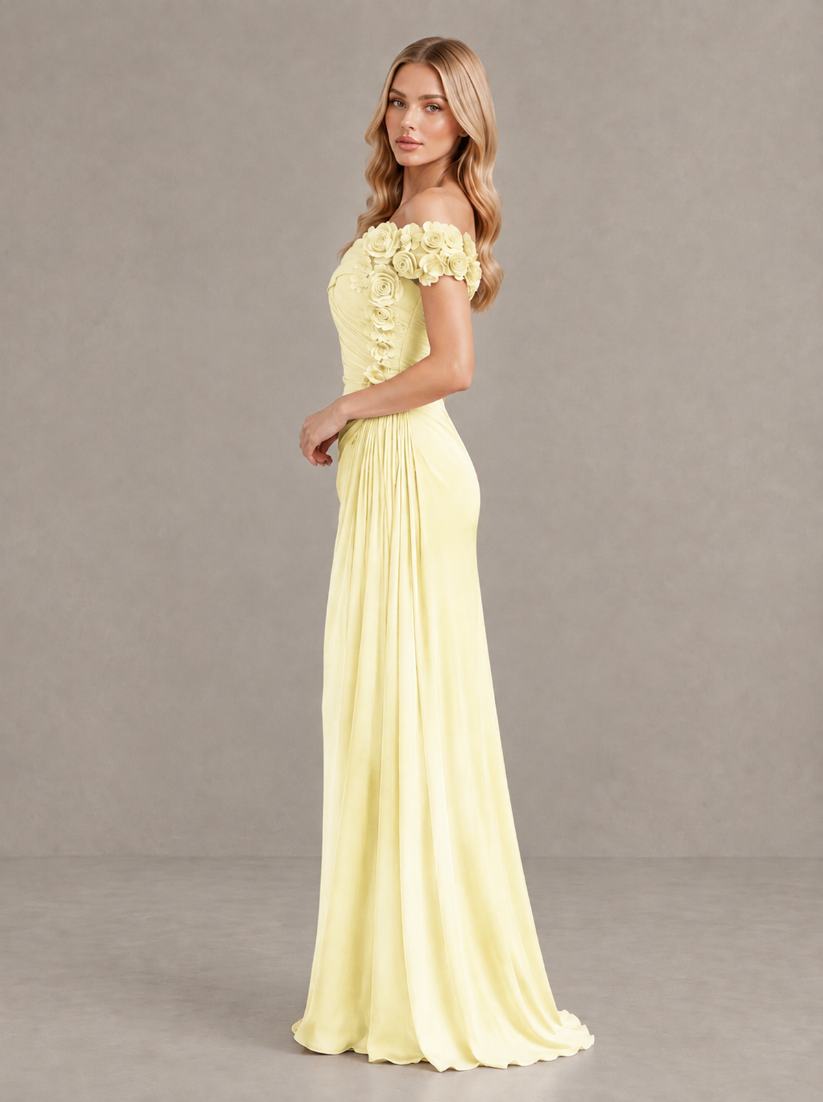 BOLODOO Light Yellow Off-Shoulder Floral Applique Wedding Guest Maxi Dress - Light Yellow - Light Yellow (3)