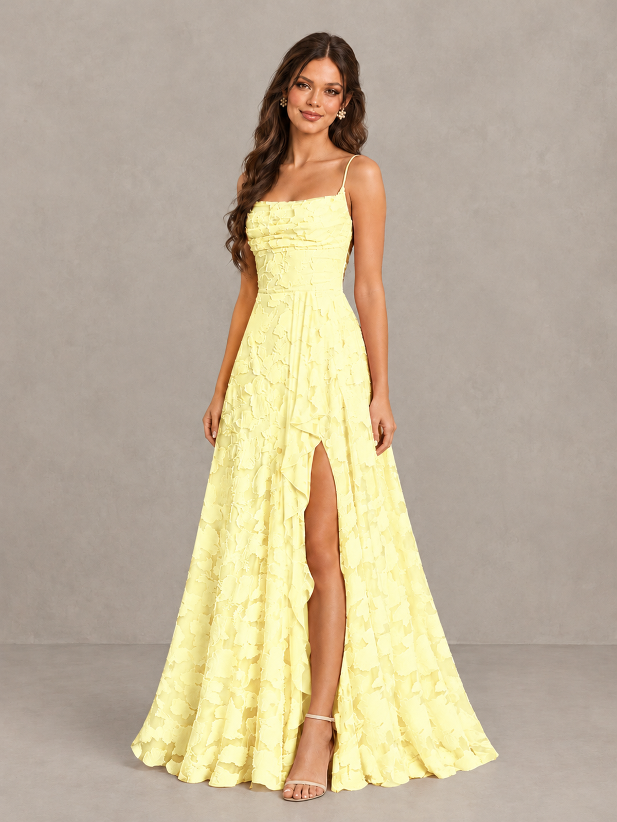 BOLODOO Light Yellow Floral Appliqué Slit Maxi Dress - Light Yellow - Light Yellow (3)