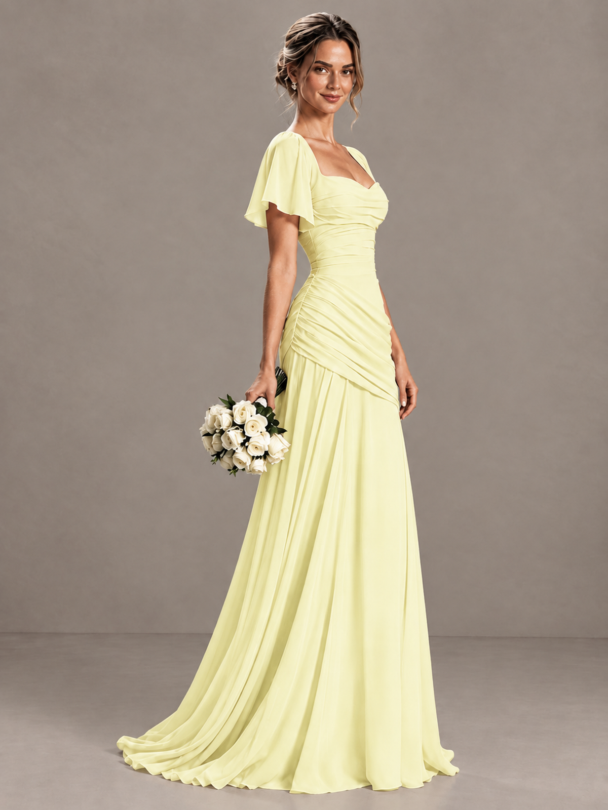 BOLODOO Light Yellow Flutter Sleeve Lace-Up Back Maxi Dress - Light Yellow - Light Yellow (3)