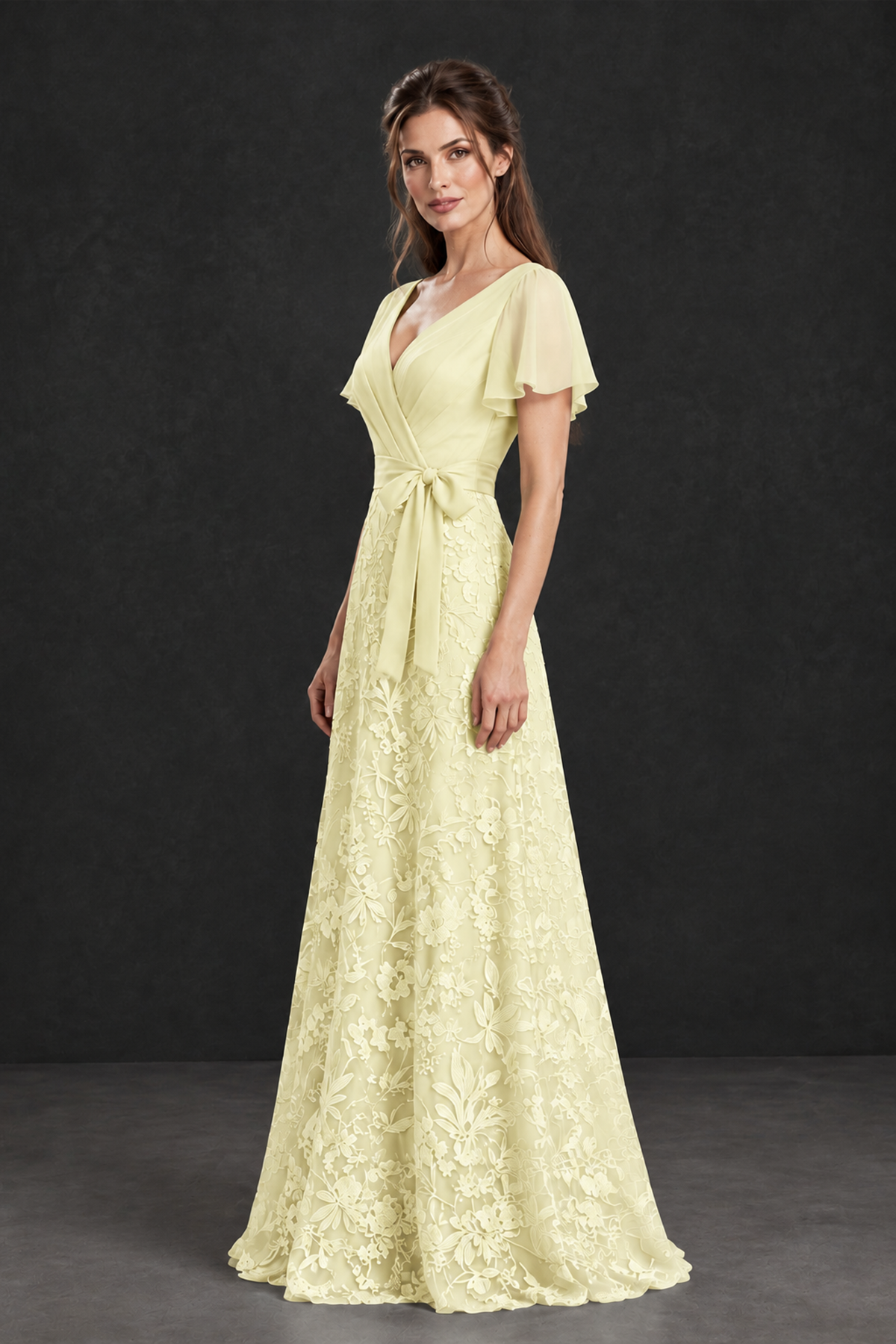 BOLODOO Light Yellow Flutter Sleeve Lace Mother of the Bride Dress - Light Yellow