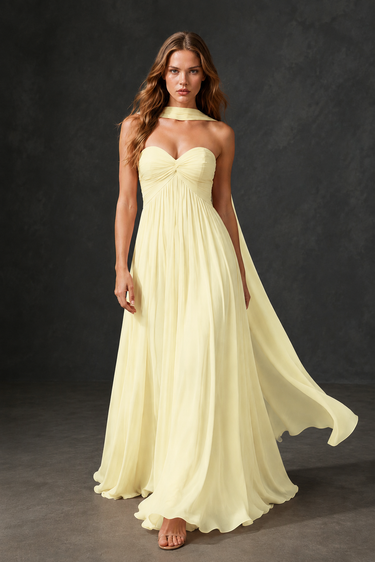 BOLODOO Light Yellow Sweetheart Strapless Twist Knot Detached Halter Scarf Lace-Up Back Empire Waist Chiffon Maxi Dress - Light Yellow