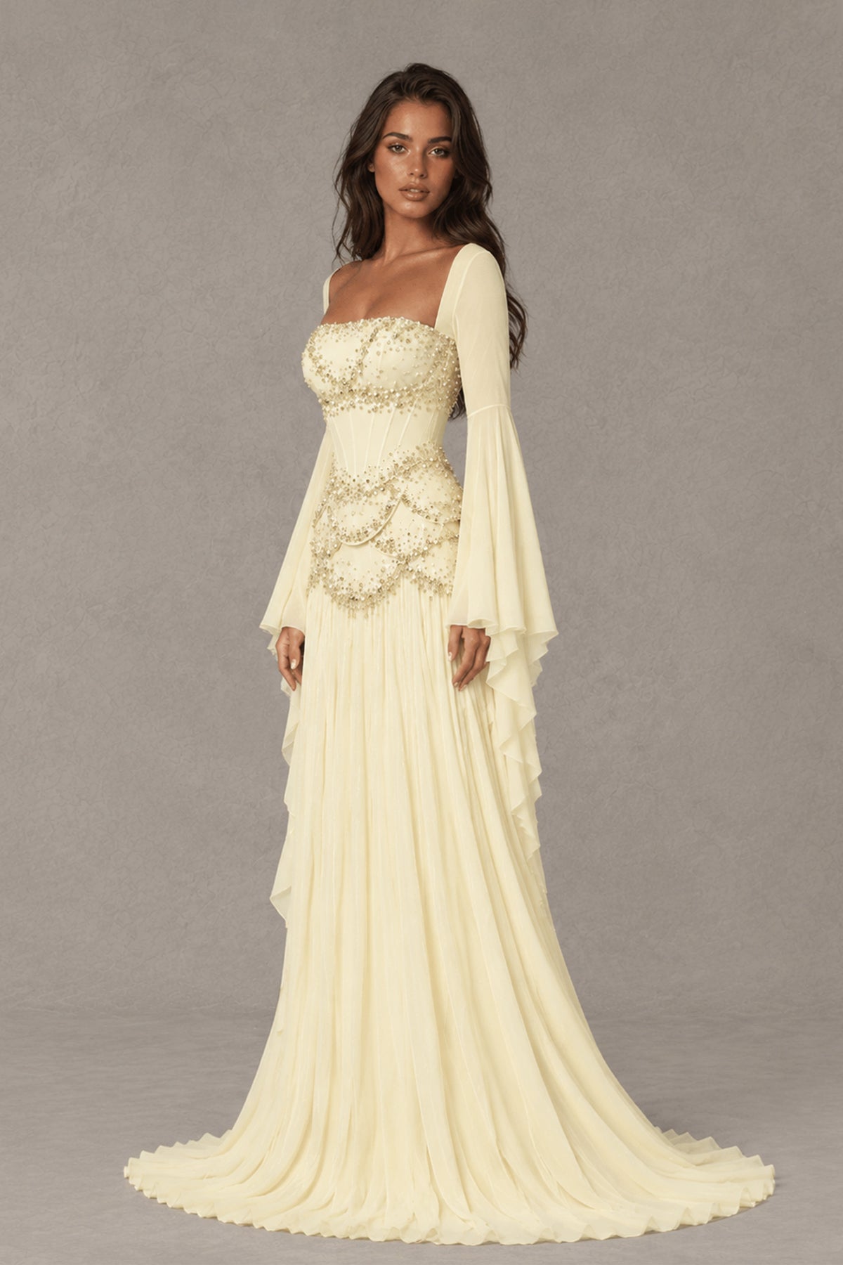 BOLODOO Light Yellow Embellished Corset Gown with Long Bell Sleeves - Light Yellow