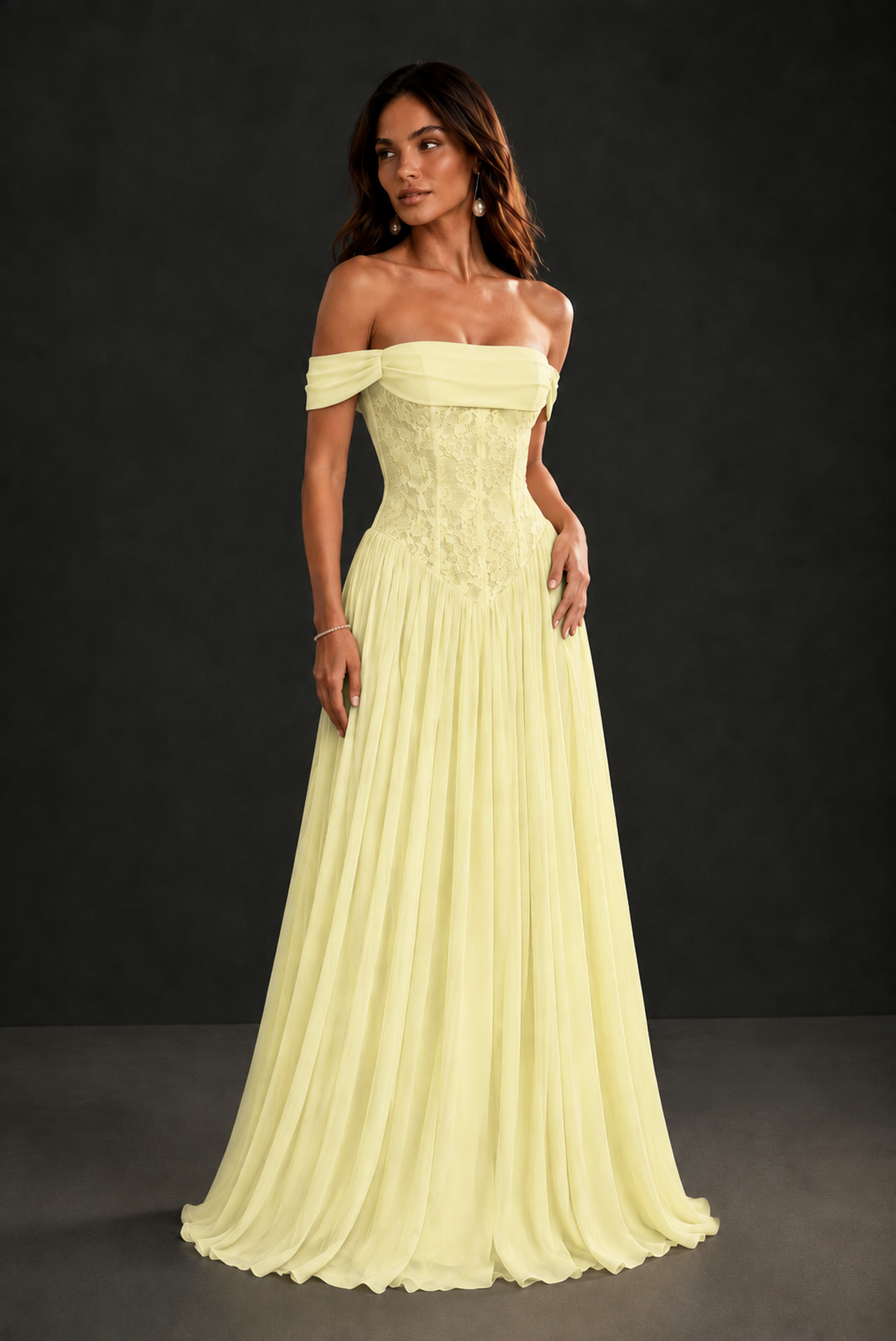 BOLODOO Light Yellow Off-Shoulder Lace Corset Tulle Maxi Dress - Light Yellow
