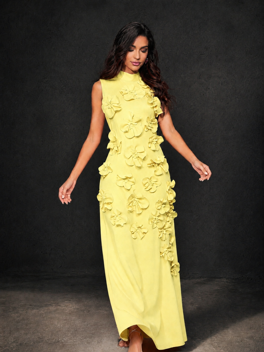 BOLODOO Light Yellow Mock Neck Sleeveless 3D Floral Appliqué Maxi Dress with Bow Back - Light Yellow