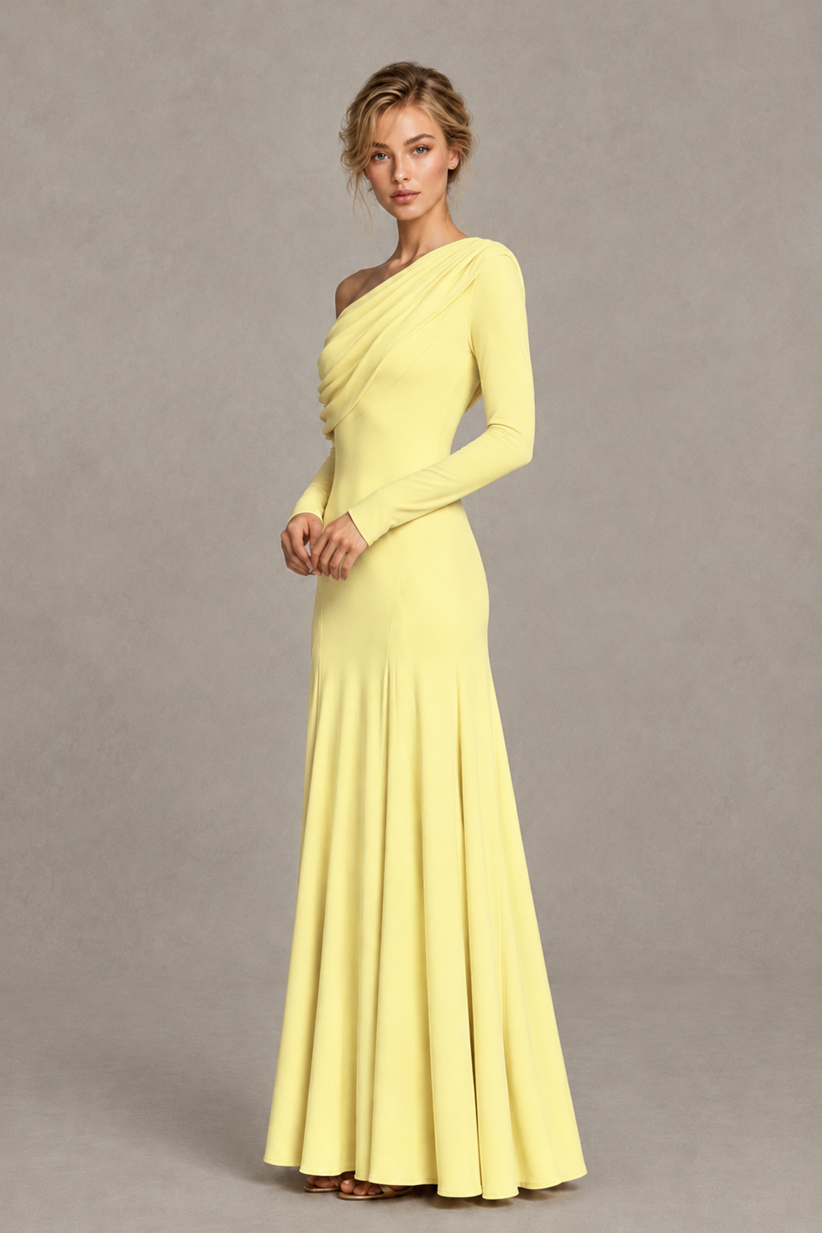 BOLODOO Light Yellow Asymmetric Draped Long Sleeve Evening Gown - Light Yellow