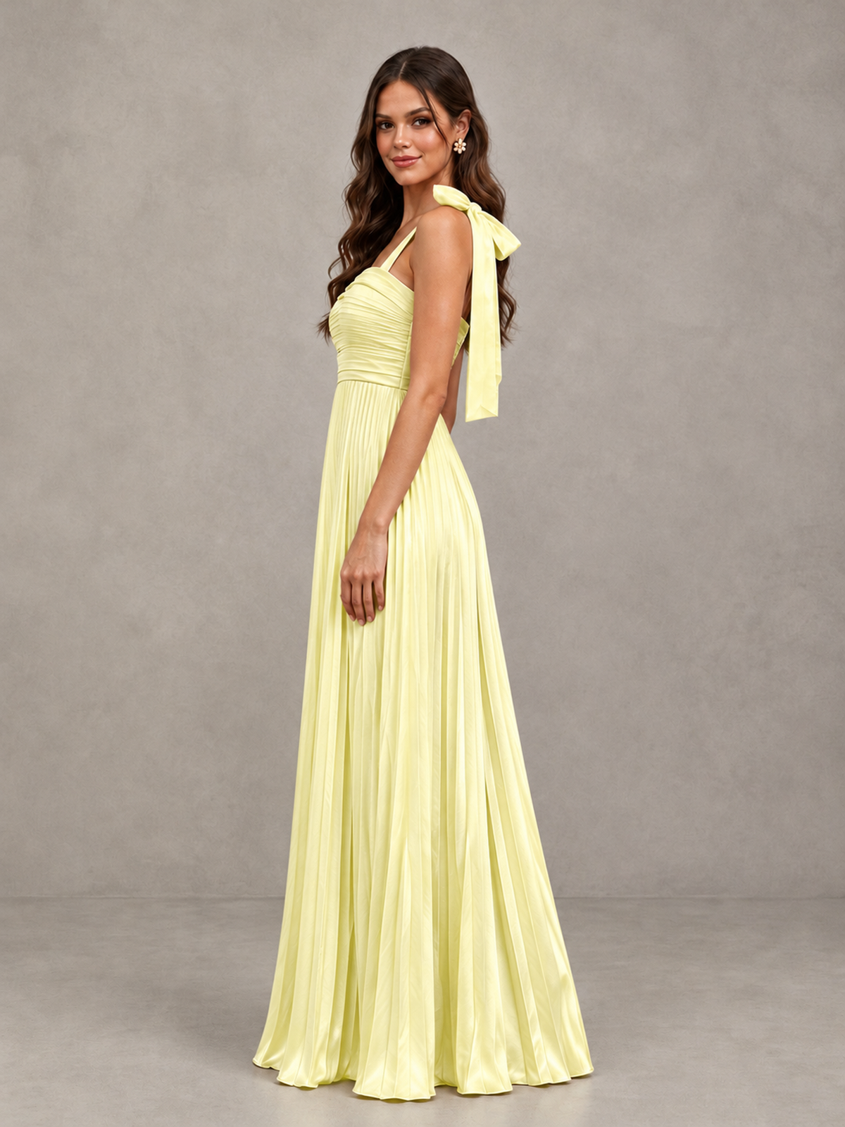 BOLODOO Light Yellow Pleated Bow-Strap Bridesmaid Maxi Dress - Light Yellow - Light Yellow (3)