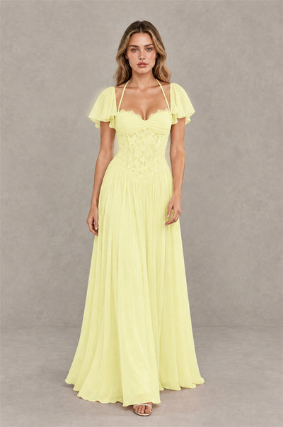BOLODOO Light Yellow Flutter Sleeve Lace Corset A-Line Maxi Dress - Light Yellow - Light Yellow (3)