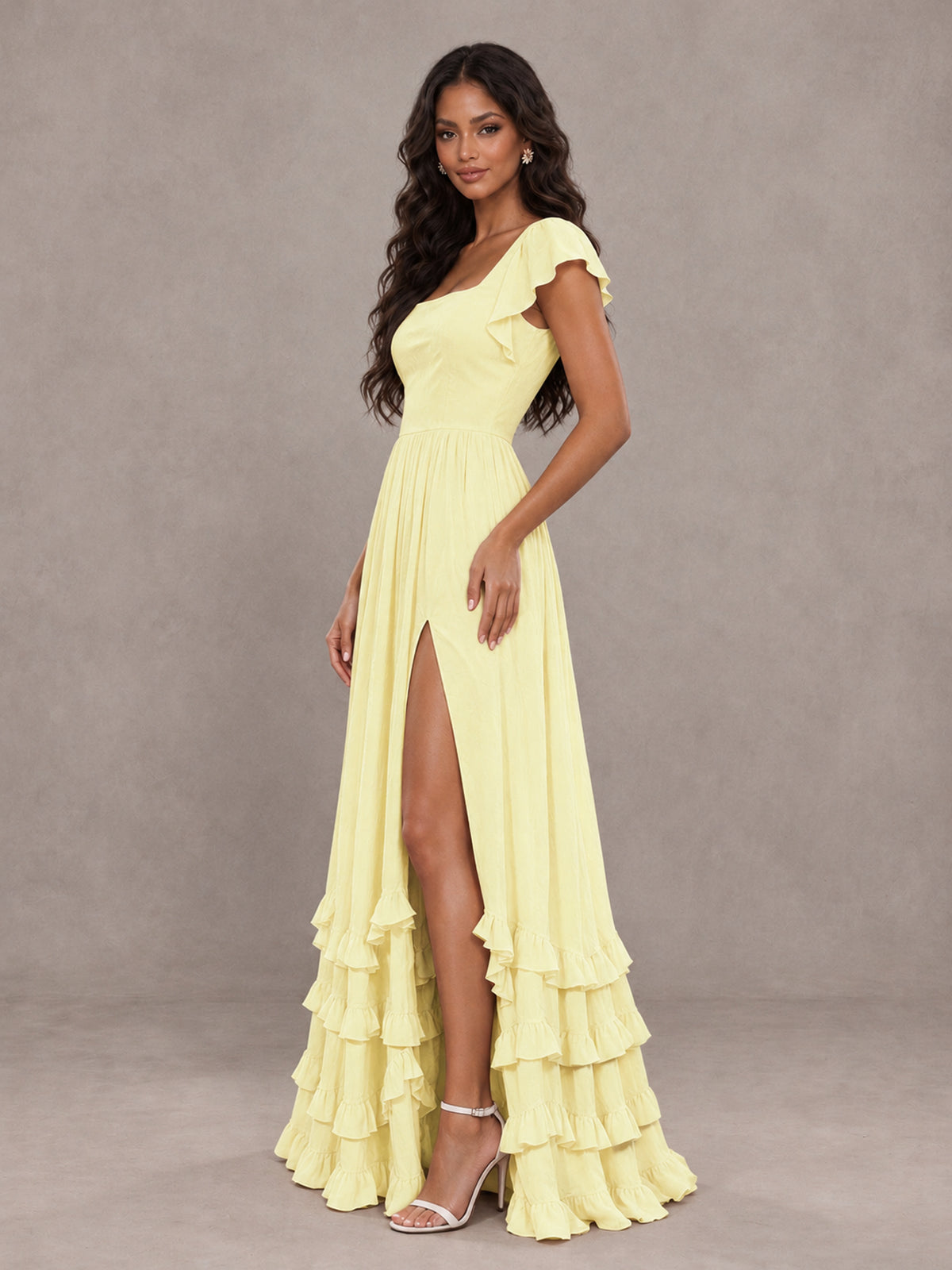 BOLODOO Light Yellow Flutter Sleeve Ruffle Bridesmaid Dress with Slit - Light Yellow - Light Yellow (3)