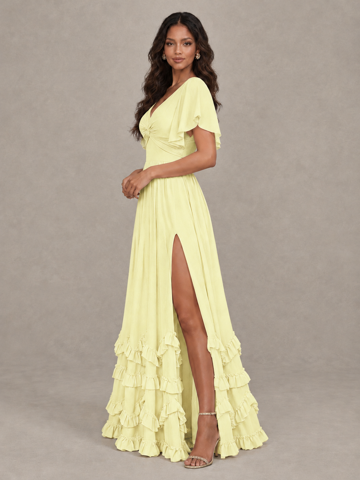 BOLODOO Light Yellow V-Neck Flutter Sleeve Ruffle Bridesmaid Dress with Slit - Light Yellow - Light Yellow (3)