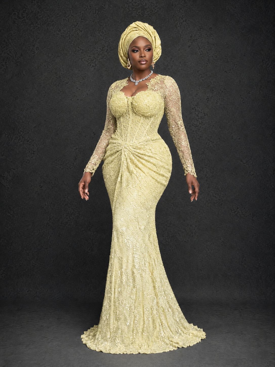 BOLODOO Light Yellow Beaded Lace Long Sleeve Mermaid Gown Sweetheart | Mother of the Bride - Light Yellow