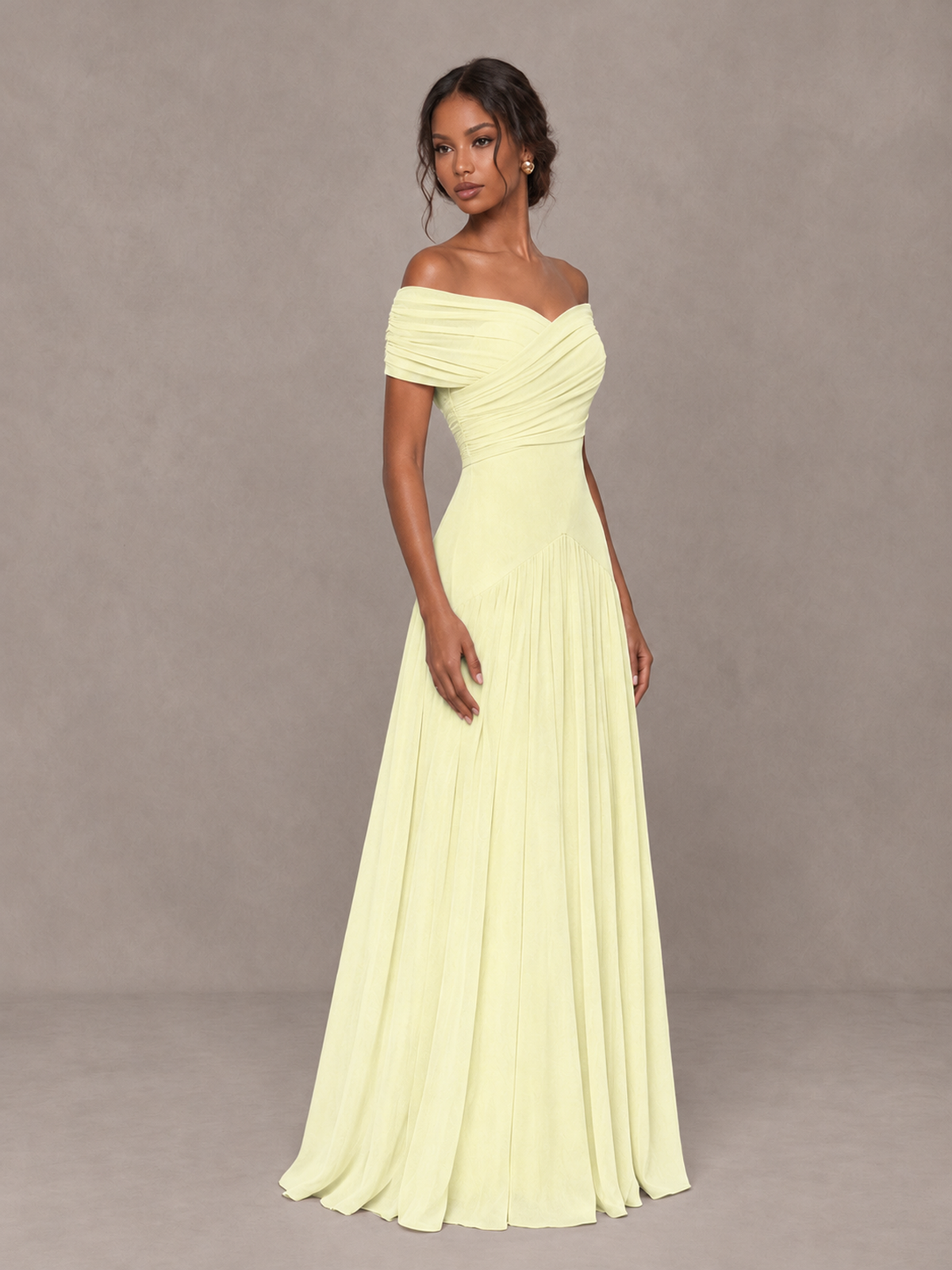BOLODOO Light Yellow Off-Shoulder Ruched A-Line Bridesmaid Dress - Light Yellow - Light Yellow (3)