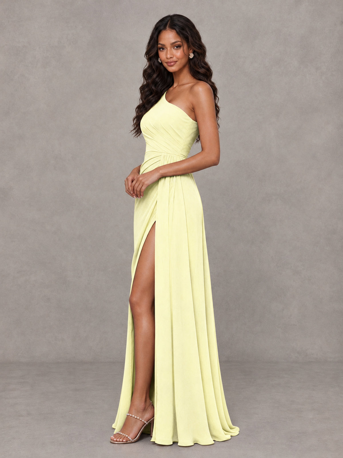 BOLODOO Light Yellow One-Shoulder Chiffon Bridesmaid Dress with Ruched Bodice & High Slit - Light Yellow - Light Yellow (3)