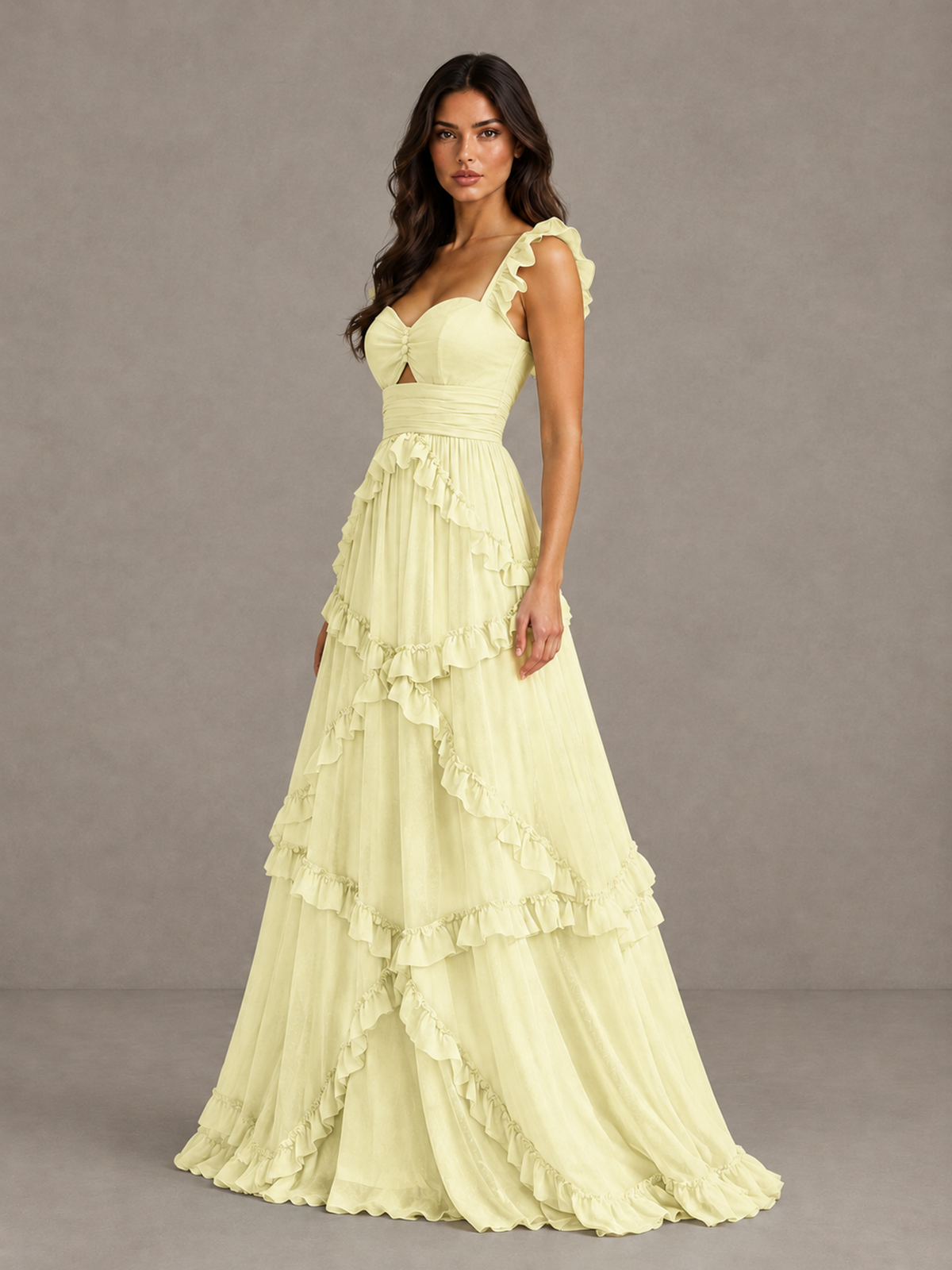 BOLODOO Light Yellow Ruffle A-Line Prom Dress with Open Back - Light Yellow - Light Yellow (3)
