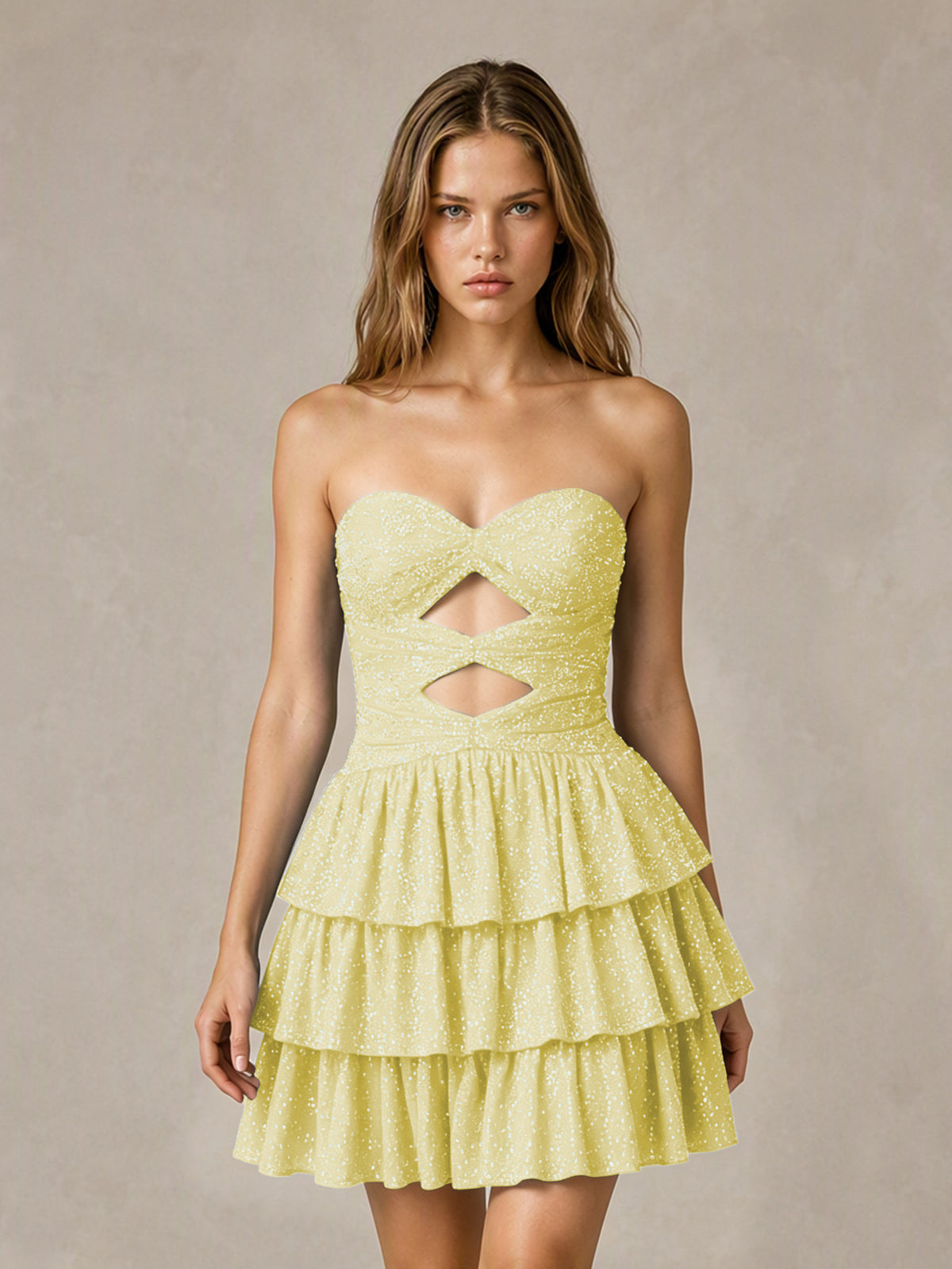 BOLODOO Light Yellow Strapless Sweetheart Cutout Glitter Tiered Ruffle Mini Dress | Lace-Up Back Corset - Light Yellow