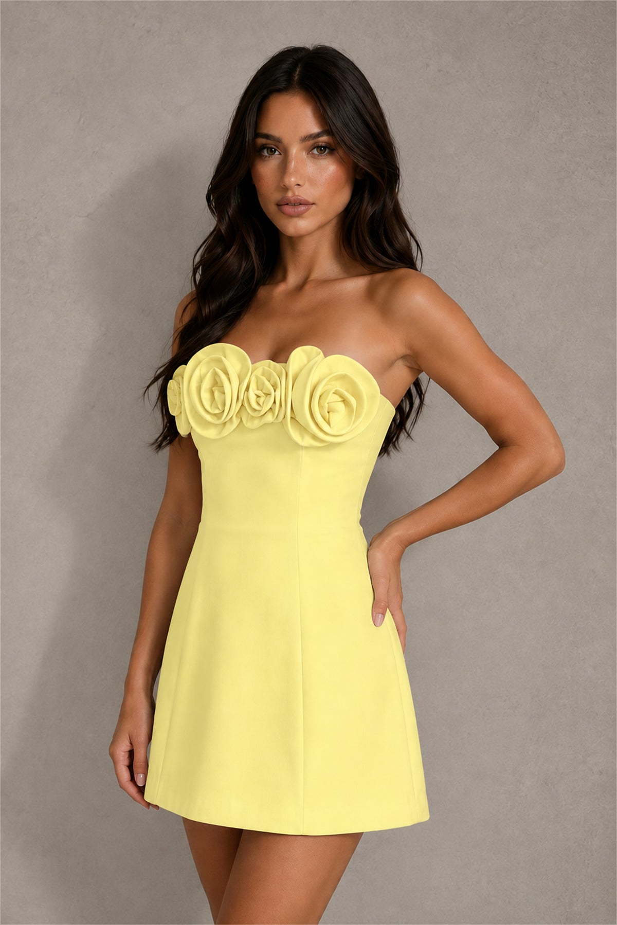 BOLODOO Light Yellow Scuba 3D Rosette Strapless Sweetheart Lace-Up Back Bodycon Mini Dress | Cocktail Prom Party Dress - Light Yellow