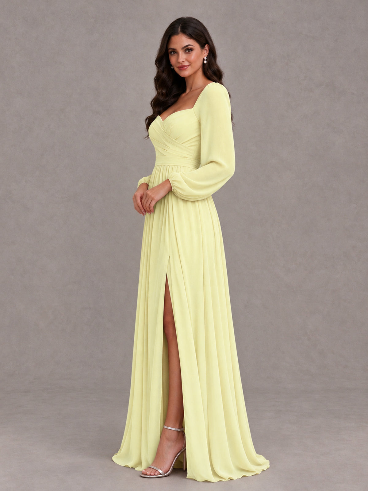 BOLODOO Light Yellow Long Sleeve Chiffon Bridesmaid Dress with Slit - Light Yellow - Light Yellow (3)