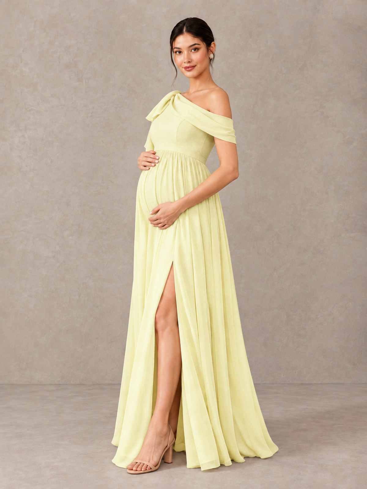 BOLODOO Light Yellow One-Shoulder Maternity Bridesmaid Dress with Slit - Light Yellow - Light Yellow (3)