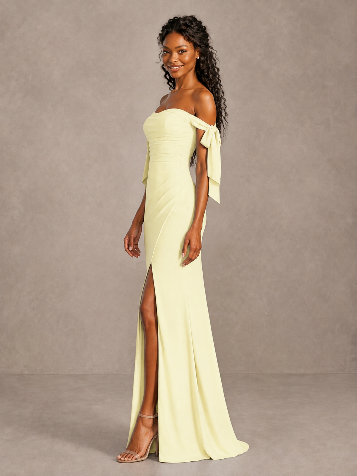 Light Yellow Off-Shoulder Bow Bridesmaid Dress with Slit - Light Yellow - Light Yellow (3)