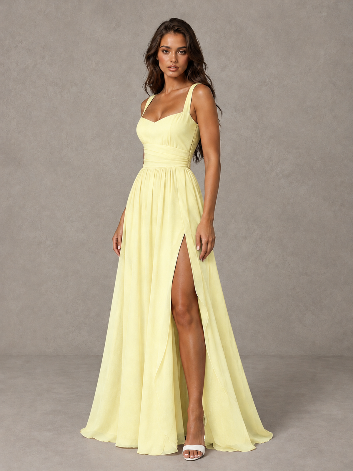 BOLODOO Light Yellow A-Line Bridesmaid Dress with High Slit & Lace-Up Back - Light Yellow - Light Yellow (3)