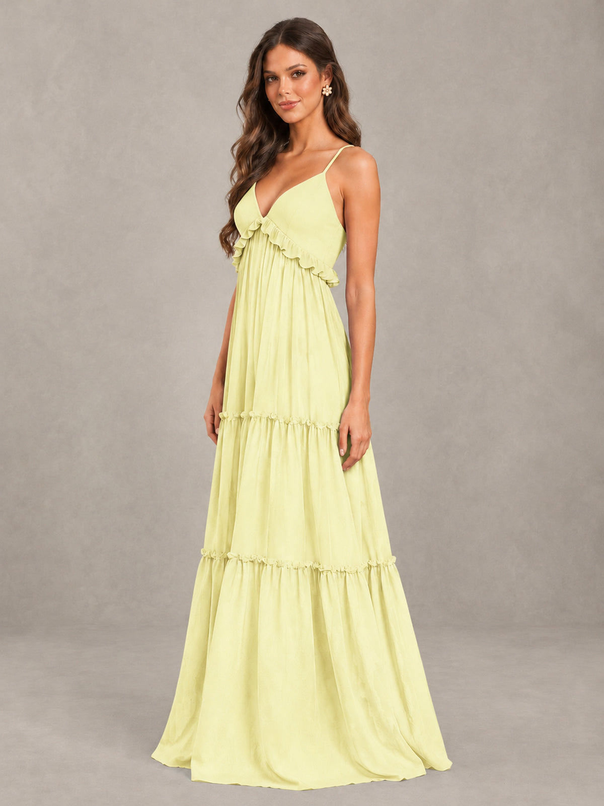 BOLODOO Light Yellow Tiered V-Neck Lace-Up Back Bridesmaid Dress - Light Yellow - Light Yellow (3)