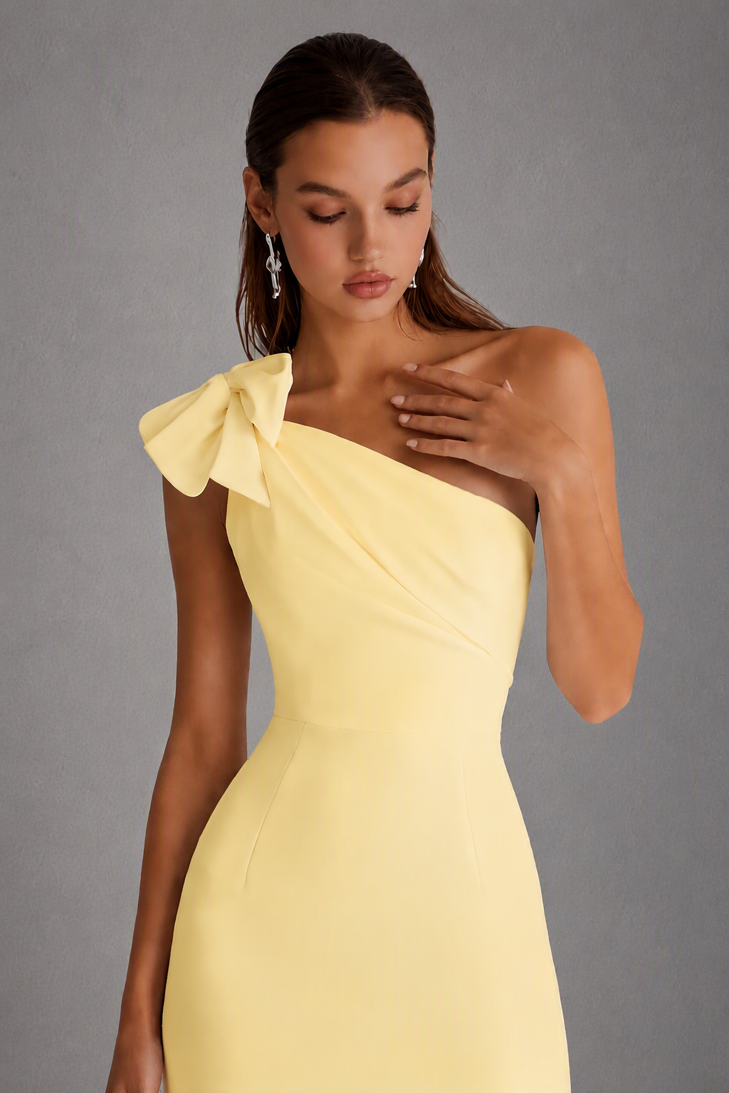 BOLODOO Light Yellow One-Shoulder Bow Detail A-Line Mini Dress | Sleeveless Cocktail Party Dress - Light Yellow