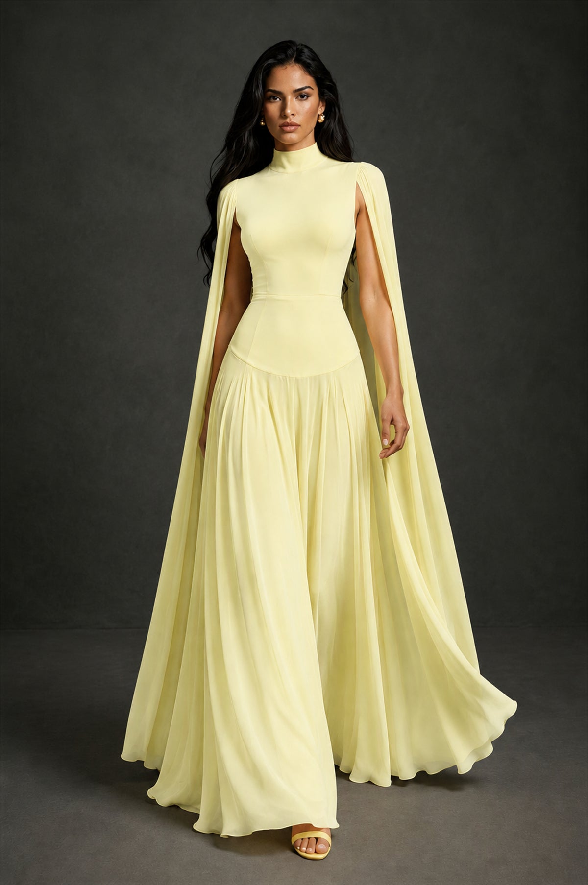 BOLODOO Light Yellow Mock Neck Cape Sleeve A-Line Chiffon Maxi Dress - Light Yellow - Light Yellow (3)