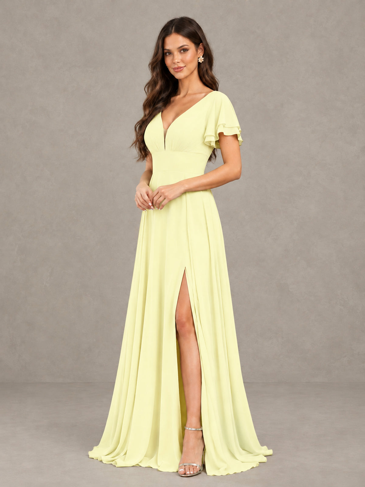 BOLODOO Light Yellow Flutter Sleeve Chiffon A-Line Maxi Bridesmaid Dress with Open Back & Slit - Light Yellow - Light Yellow (3)