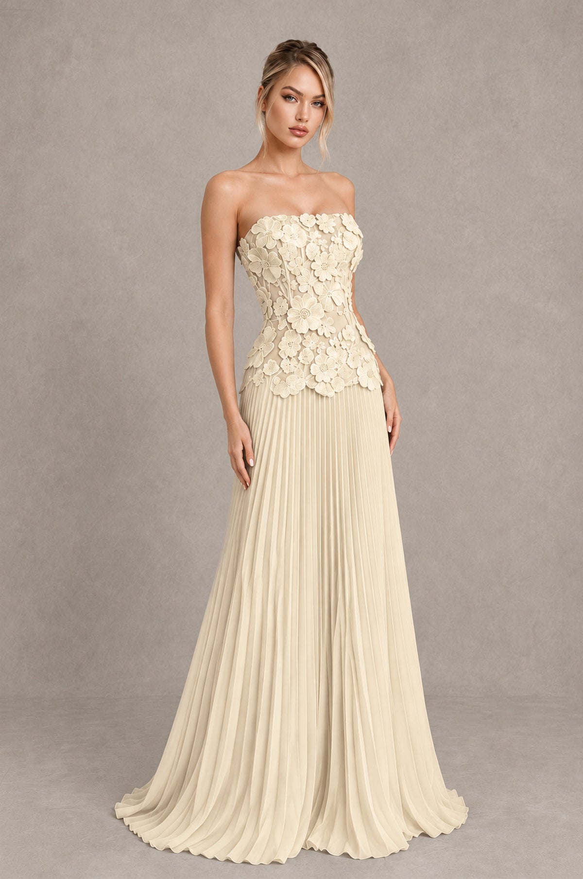 BOLODOO Light Yellow Strapless Floral Applique Pleated Evening Dress - Light Yellow - Light Yellow (3)