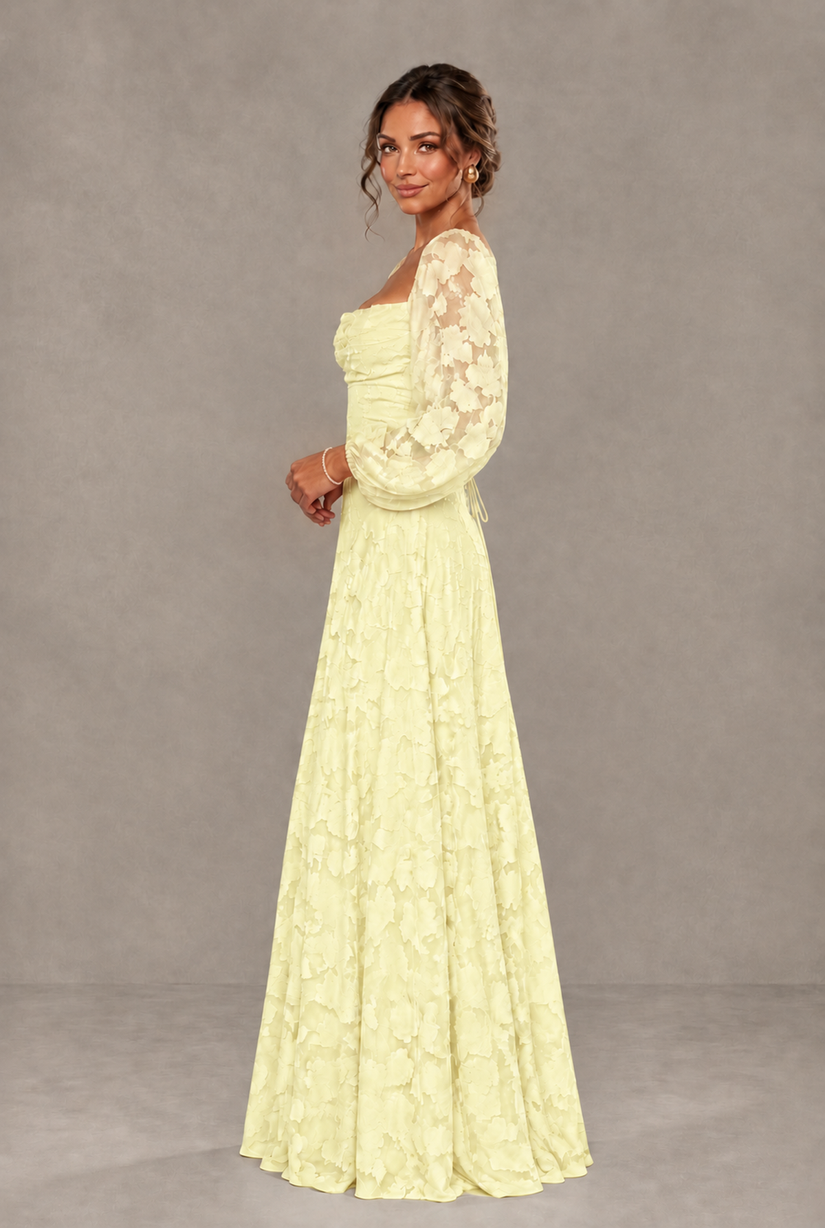 BOLODOO Floral Light Yellow Long Sleeve A-Line Dress with Lace-Up Back - Light Yellow