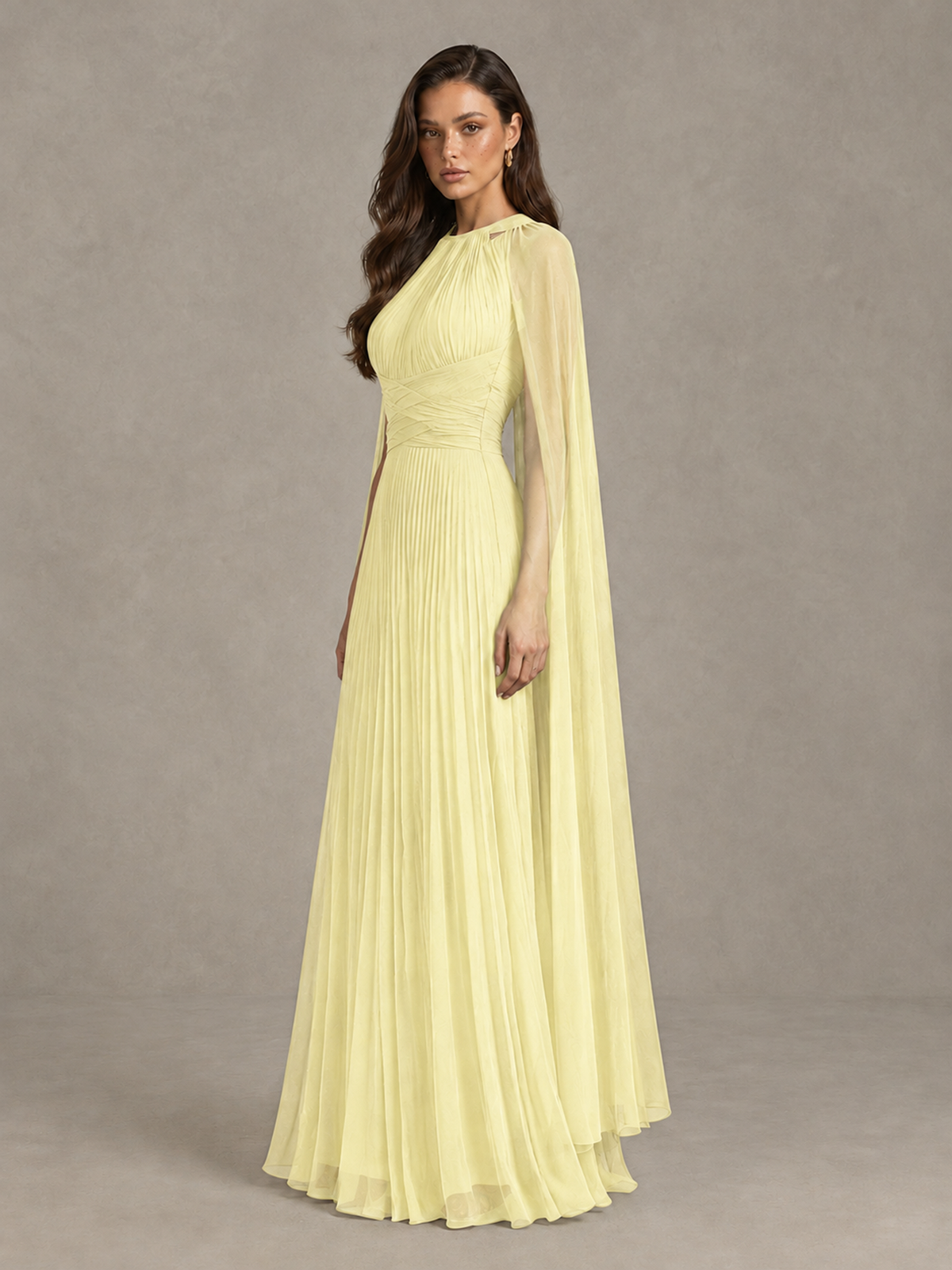 BOLODOO Light Yellow Pleated Cape Maxi Wedding Guest Dress - Light Yellow - Light Yellow (3)