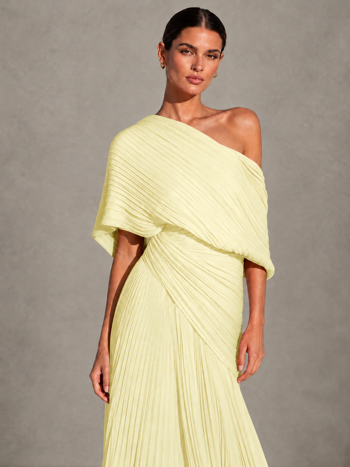 BOLODOO Light Yellow One-Shoulder Pleated Cape Evening Gown with Train - Light Yellow - Light Yellow (3)