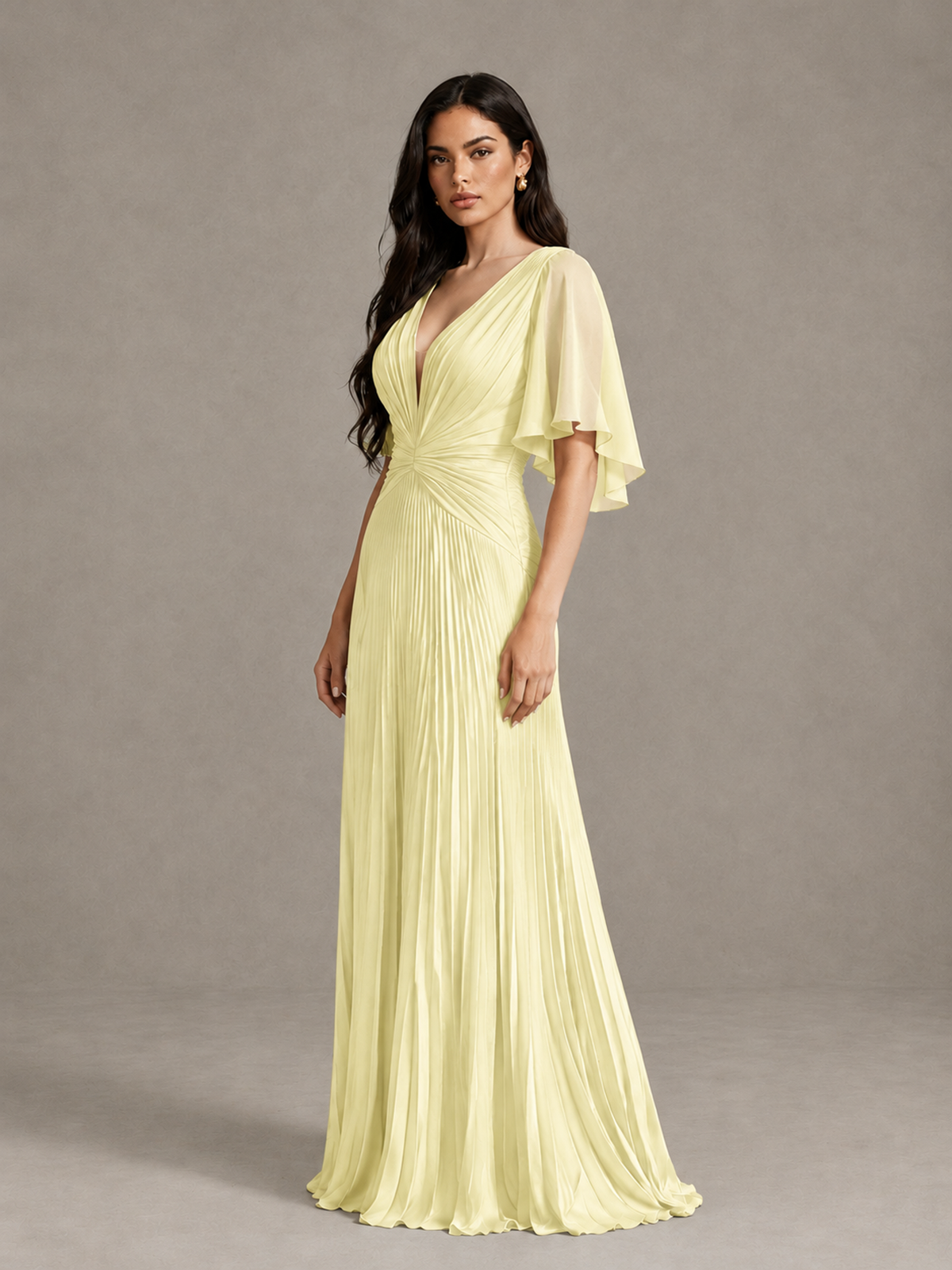 BOLODOO Light Yellow Pleated V-Neck Flutter Sleeve Bridesmaid Dress - Light Yellow - Light Yellow (3)