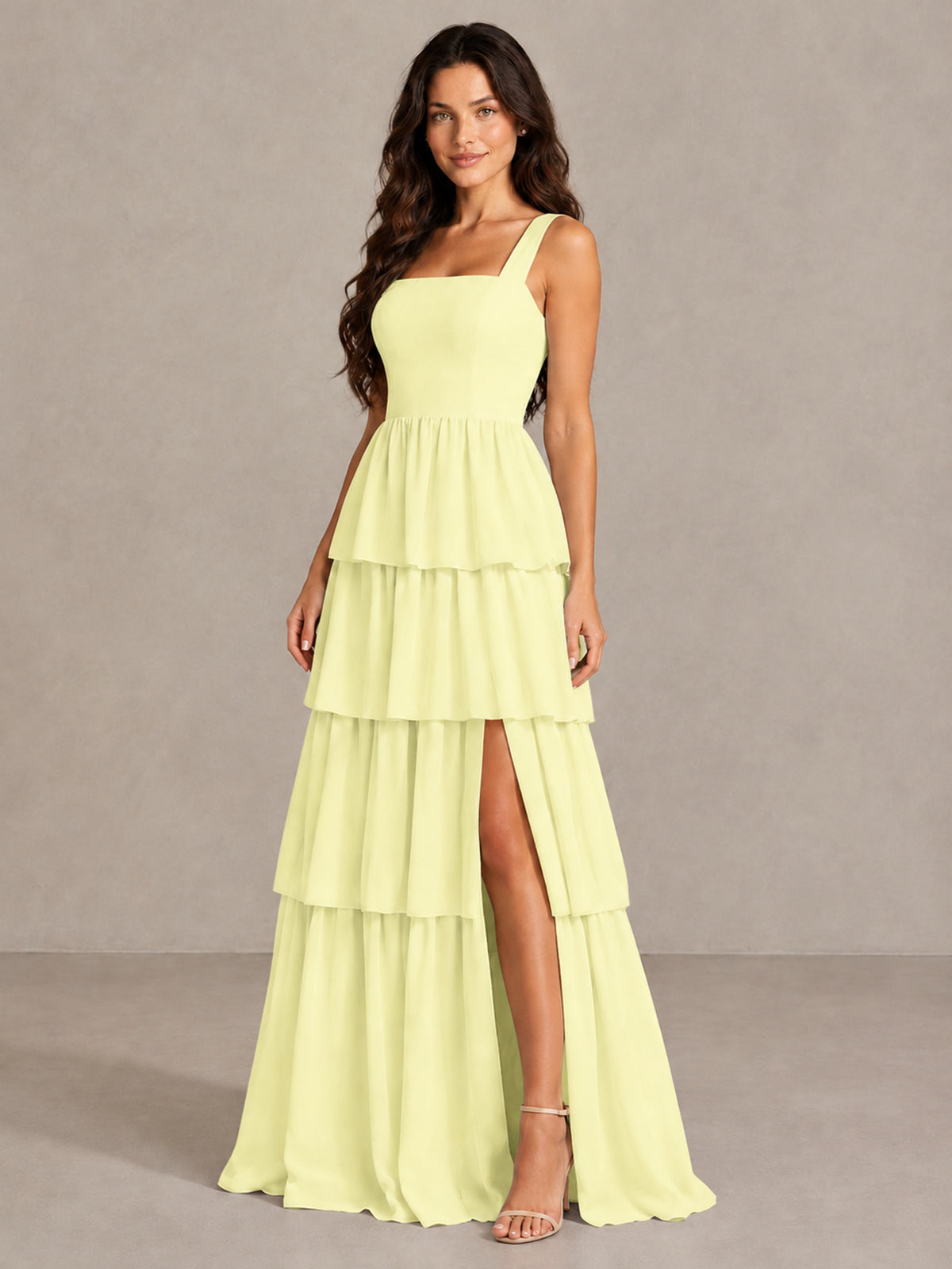 BOLODOO Light Yellow Square Neck Tiered Bridesmaid Dress with Slit - Light Yellow - Light Yellow (3)