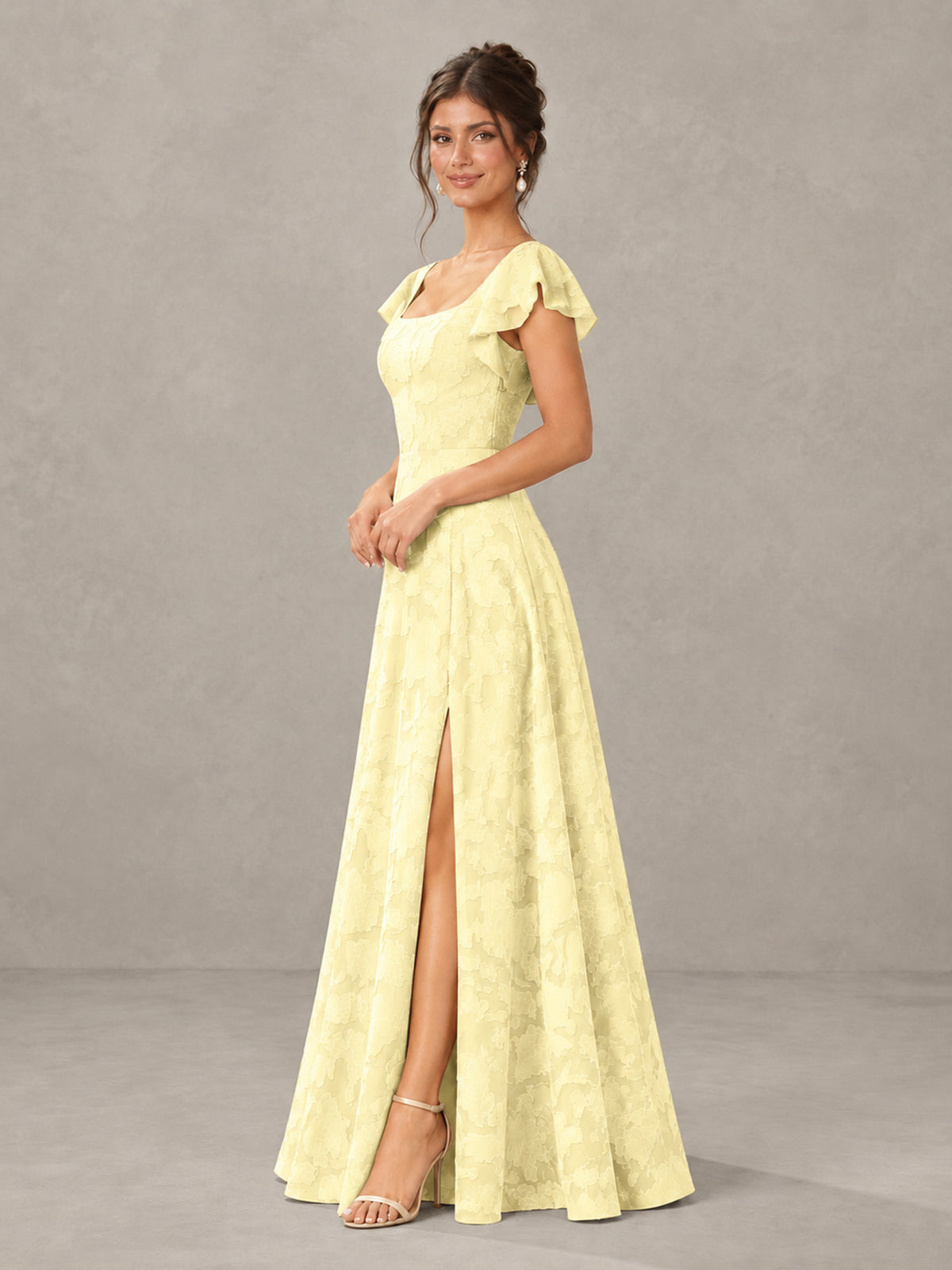 BOLODOO Light Yellow Floral Flutter Sleeve Bridesmaid Dress with Slit - Light Yellow - Light Yellow (3)