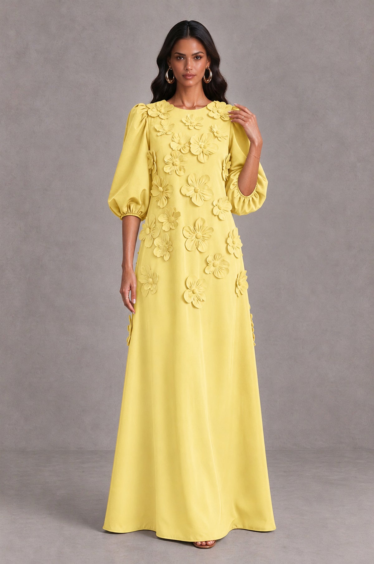 BOLODOO Light Yellow Floral Applique Puff Sleeve A-Line Evening Dress - Light Yellow - Light Yellow (3)