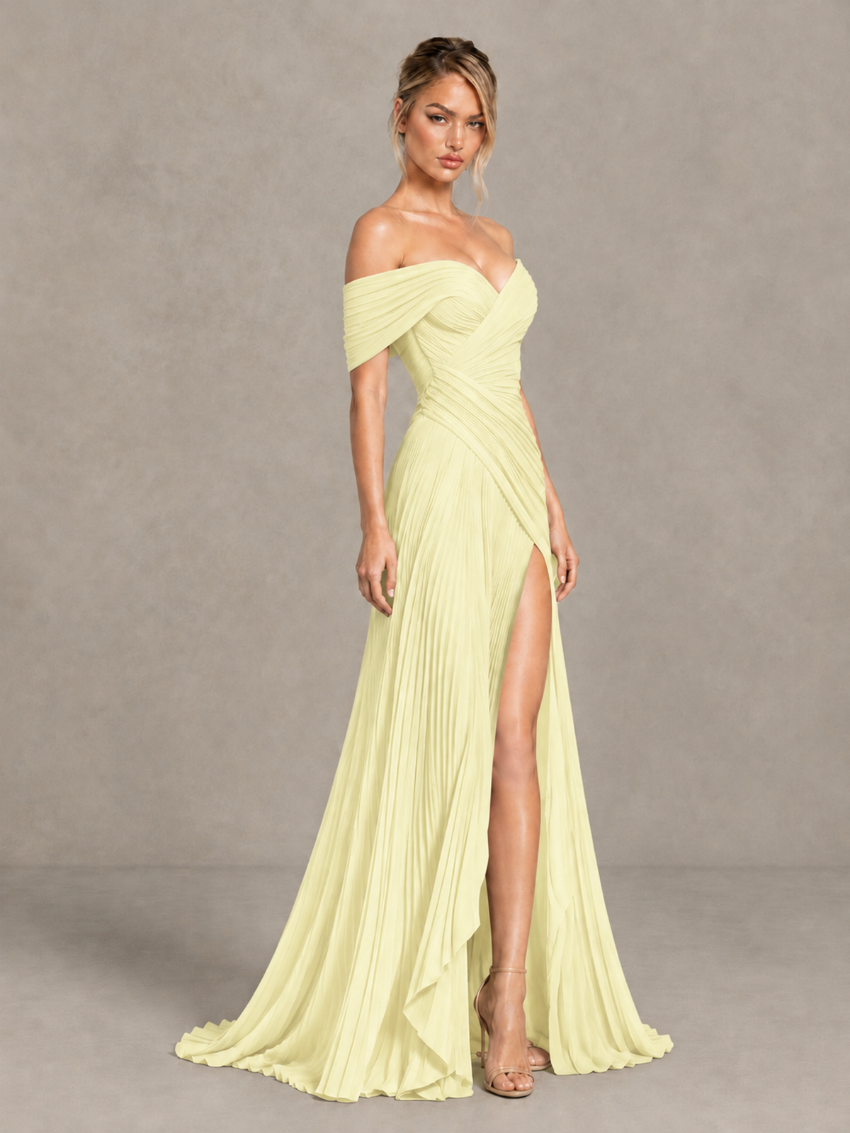 BOLODOO Light Yellow Off-Shoulder Ruched Pleated Maxi Dress with High Slit - Light Yellow - Light Yellow (3)
