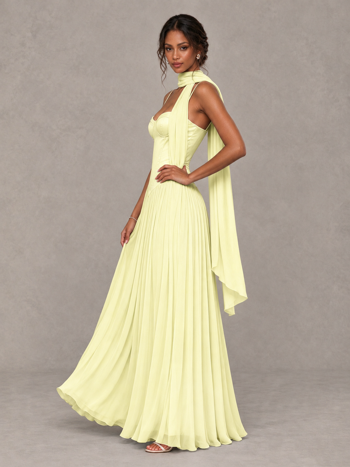 BOLODOO Light Yellow Corset Bridesmaid Dress with Scarf - Light Yellow - Light Yellow (3)