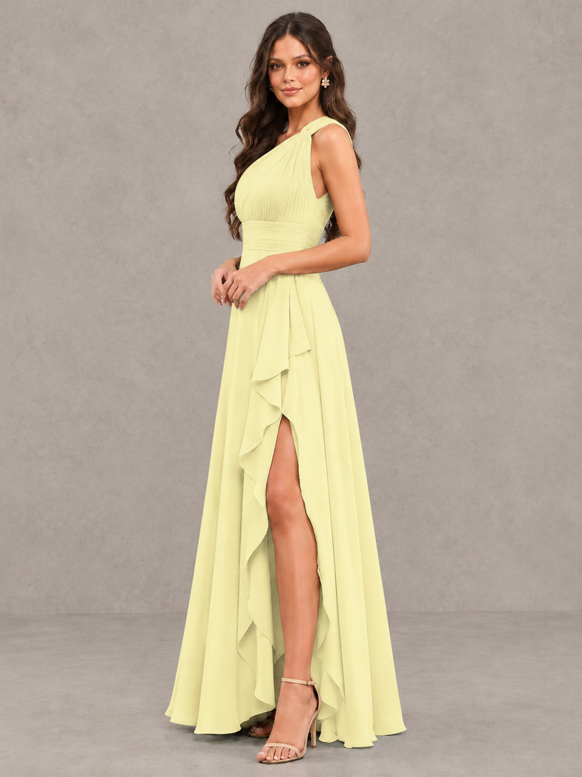 BOLODOO Light Yellow One-Shoulder Ruffle Bridesmaid Dress with Slit - Light Yellow - Light Yellow (3)