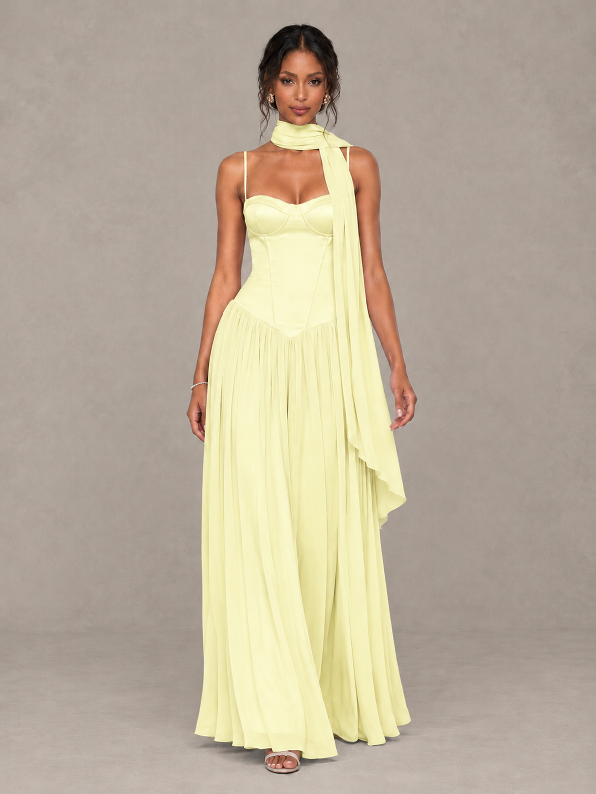 BOLODOO Light Yellow Corset Bridesmaid Dress with Scarf - Light Yellow - Light Yellow (4)