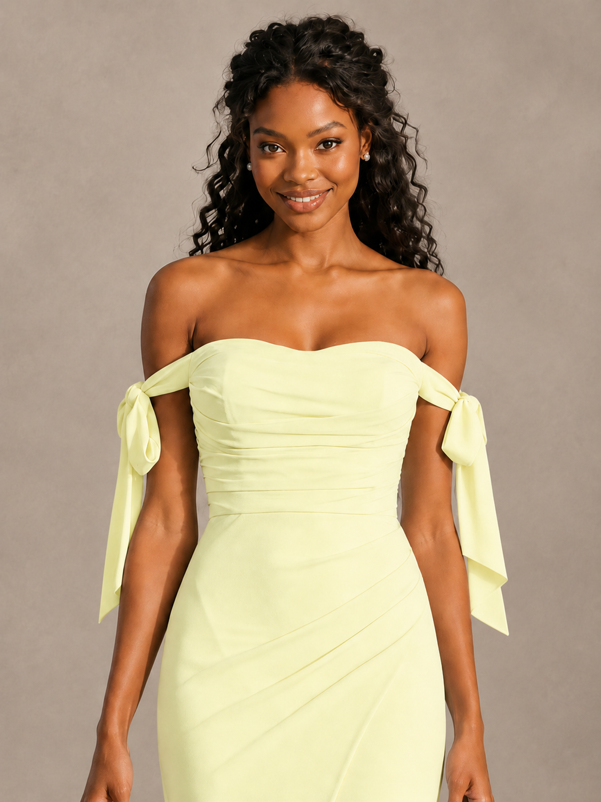 Light Yellow Off-Shoulder Bow Bridesmaid Dress with Slit - Light Yellow - Light Yellow (4)