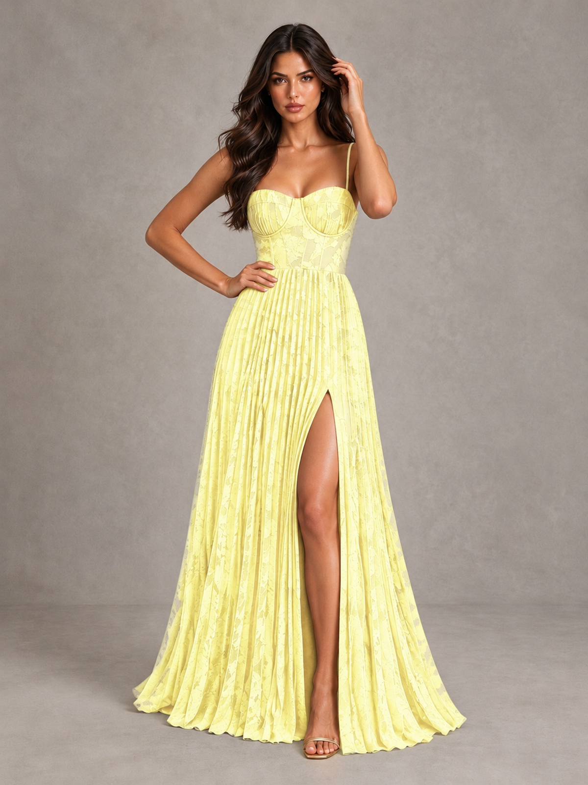 BOLODOO Light Yellow Pleated Bridesmaid Dress with Sweetheart Neckline & Slit - Light Yellow - Light Yellow (4)