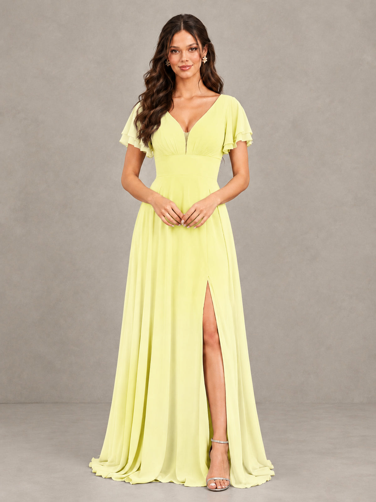 BOLODOO Light Yellow Flutter Sleeve Chiffon A-Line Maxi Bridesmaid Dress with Open Back & Slit - Light Yellow - Light Yellow (4)