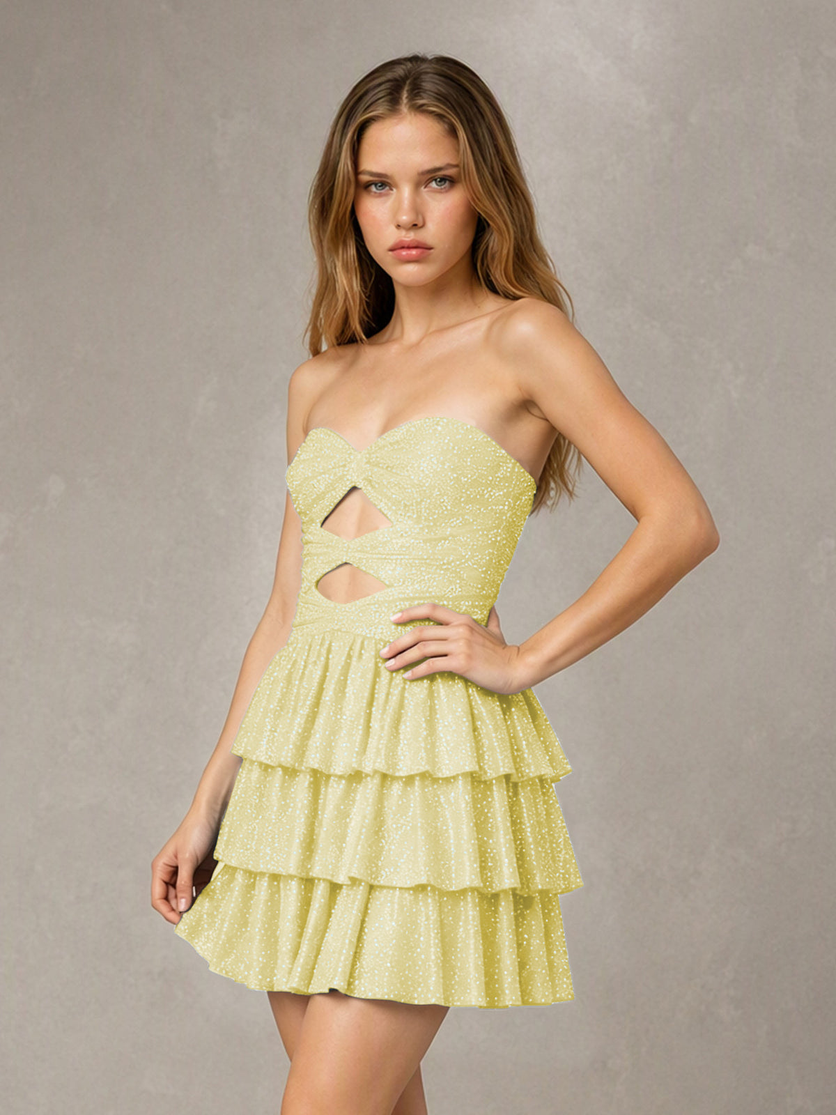 BOLODOO Light Yellow Strapless Sweetheart Cutout Glitter Tiered Ruffle Mini Dress | Lace-Up Back Corset - Light Yellow
