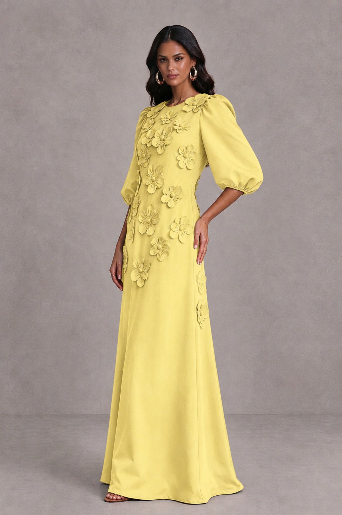 BOLODOO Light Yellow Floral Applique Puff Sleeve A-Line Evening Dress - Light Yellow - Light Yellow (4)