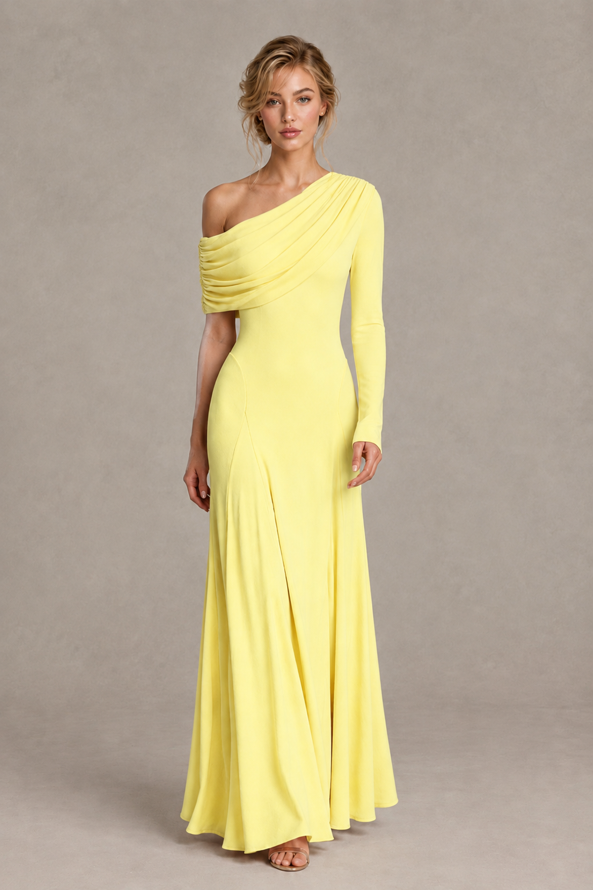 BOLODOO Light Yellow Asymmetric Draped Long Sleeve Evening Gown - Light Yellow