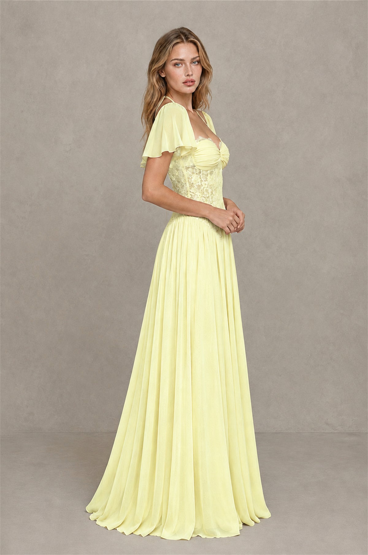 BOLODOO Light Yellow Flutter Sleeve Lace Corset A-Line Maxi Dress - Light Yellow - Light Yellow (4)