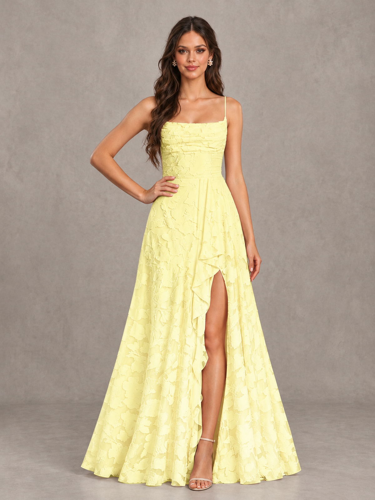 BOLODOO Light Yellow Floral Appliqué Slit Maxi Dress - Light Yellow - Light Yellow (4)