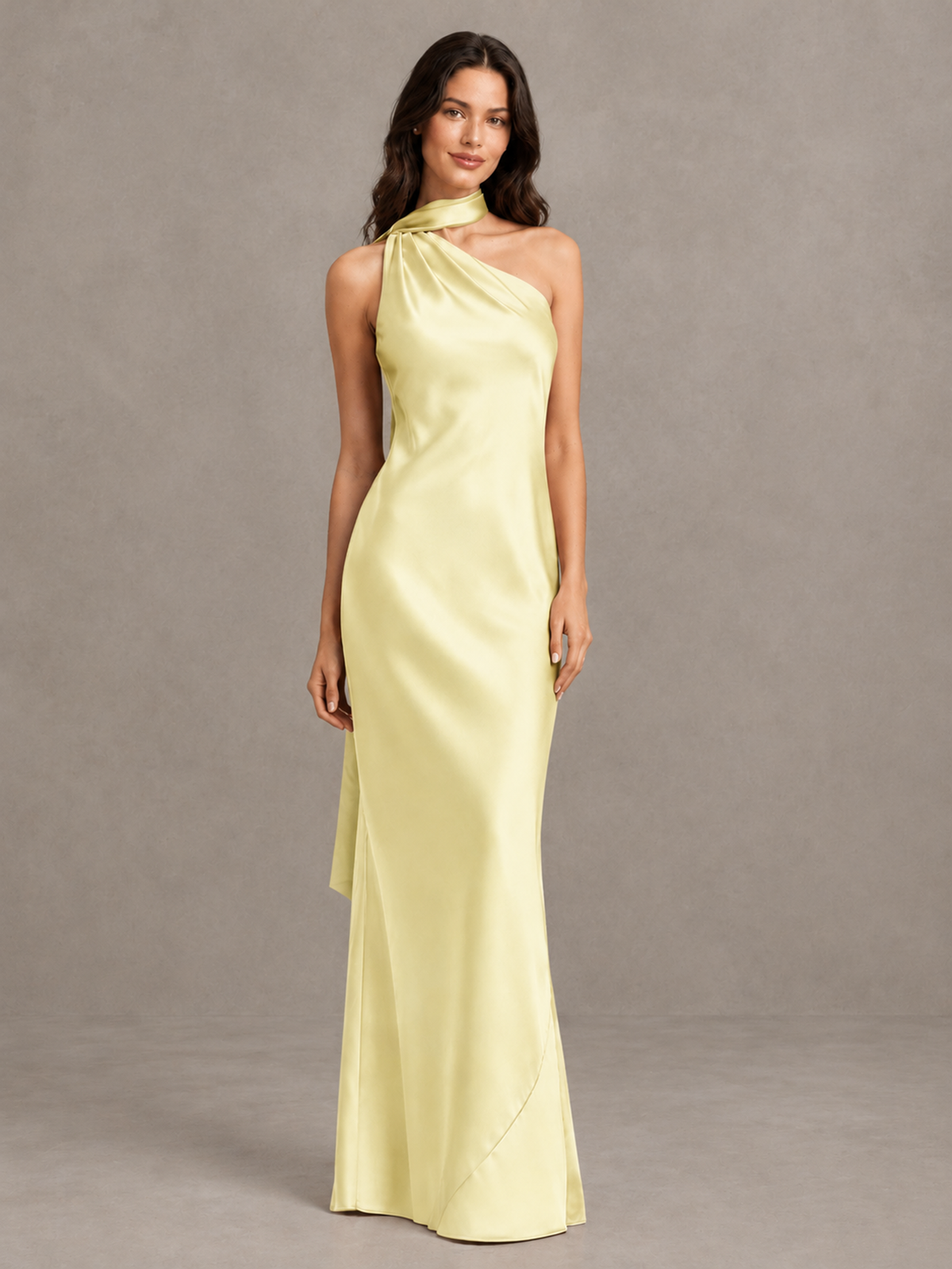 BOLODOO Light Yellow Satin One-Shoulder Bridesmaid Dress with Open Back - Light Yellow - Light Yellow (4)